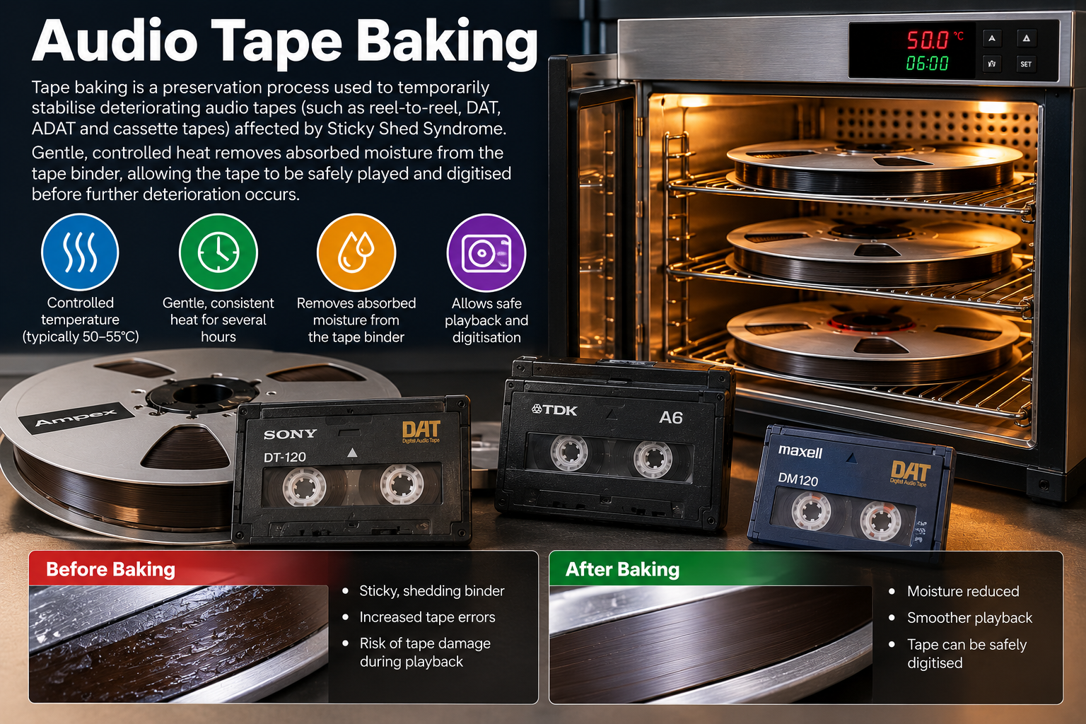 Professional audio tape baking preservation process